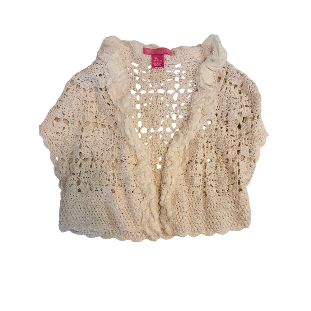 Vintage Y2K Betsey Johnson M/L Cream Crochet Cardigan Beaded Ruffle Boho